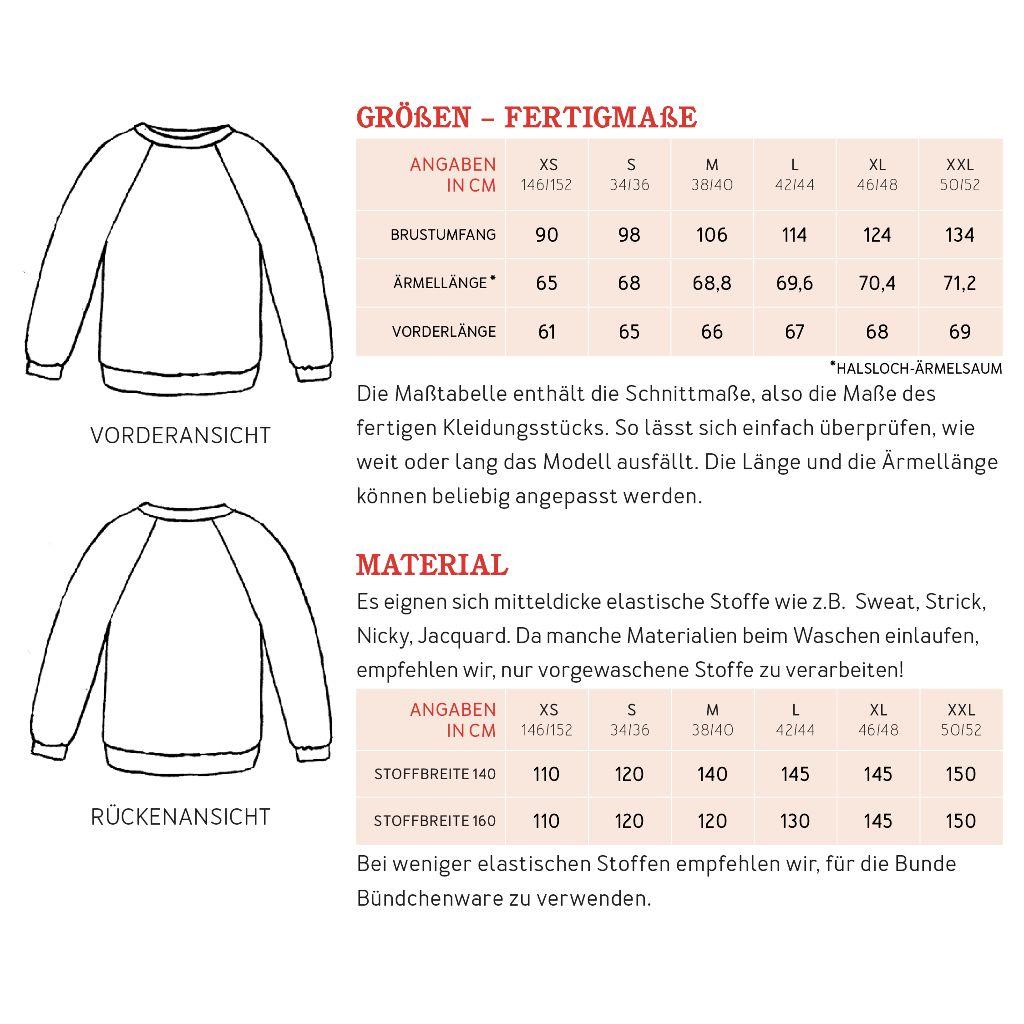 Papierschnittmuster Raglanpulli Frau Svenja XS-XXL